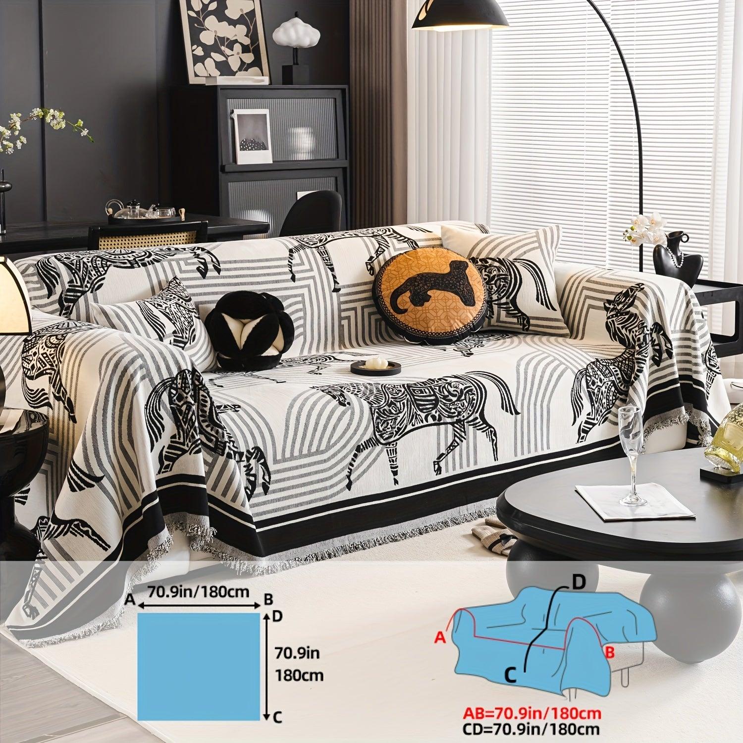 Luxurious Chenille Horse Design Sofa Cover Decor in Orange & Green