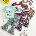 Floral Leopard Print Butterfly 'LOVE' Letter Graphic Short-Sleeve T-Shirt and Flared Long Pants