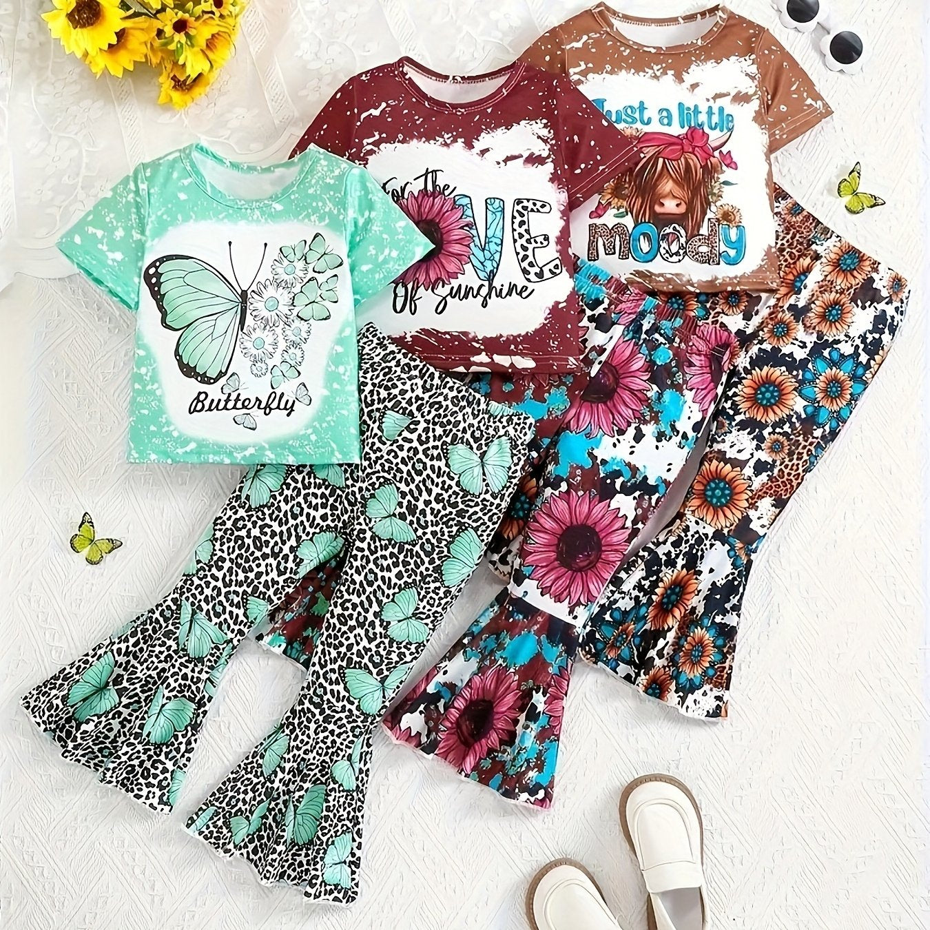 Floral Leopard Print Butterfly 'LOVE' Letter Graphic Short-Sleeve T-Shirt and Flared Long Pants