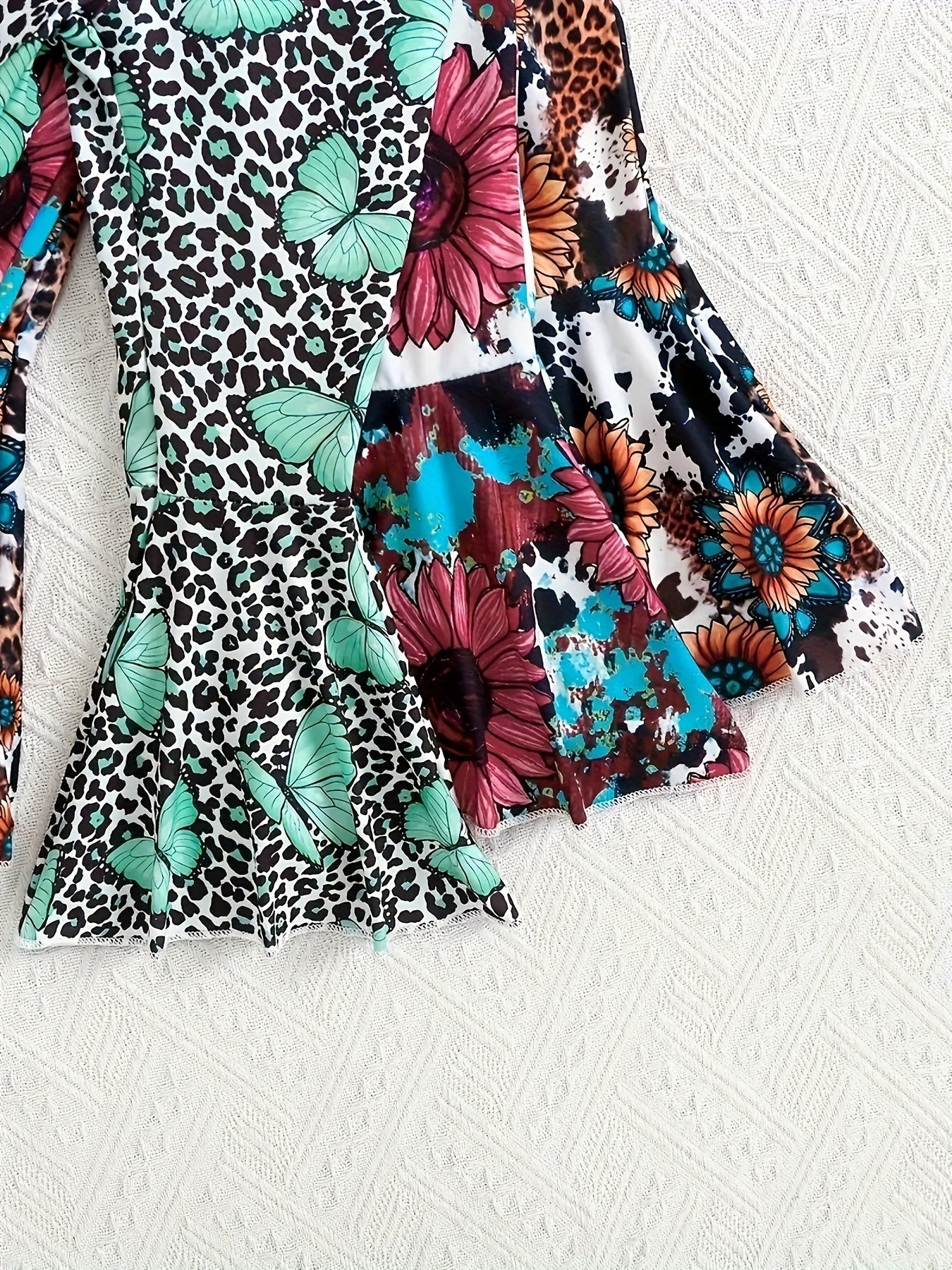 Floral Leopard Print Butterfly 'LOVE' Letter Graphic Short-Sleeve T-Shirt and Flared Long Pants